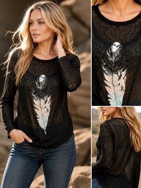 Sheer Black Feather Graphic Top | Lightweight Boho Chic Long Sleeve | Bundle 💸